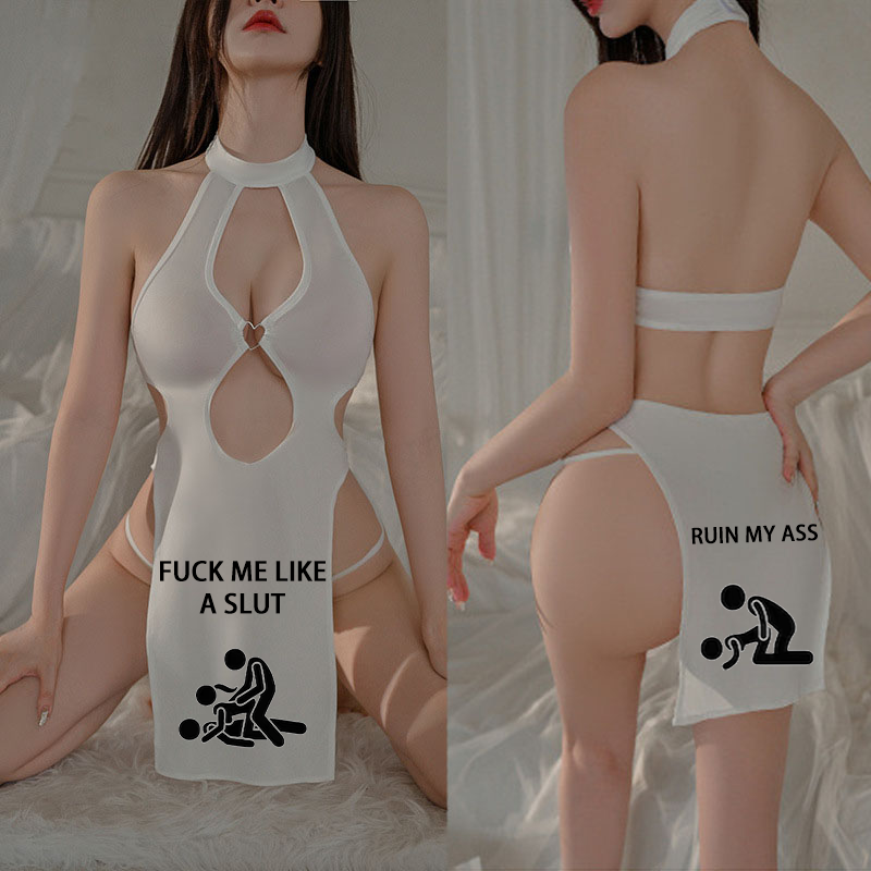 Personalized text pattern ring neck high slit dress